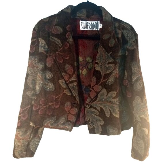 Silverado Floral Tapestry Cropped Blazer Jacket Women's  M Brown Chenille Boho - Picture 2 of 12